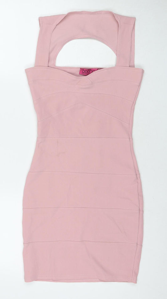 Boohoo Womens Pink Polyester Bodycon Size 6 Square Neck Pullover