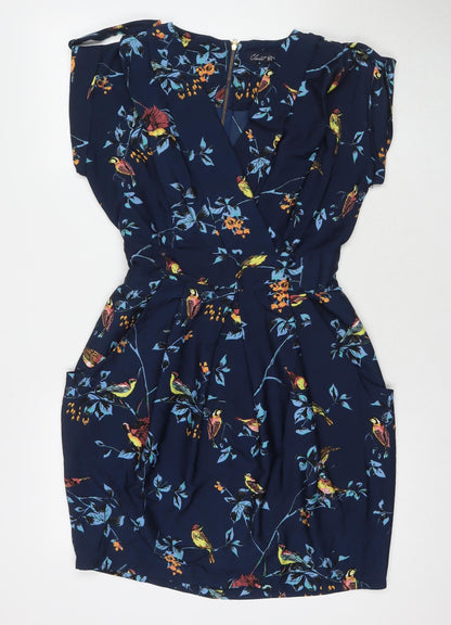 Closet Womens Blue Floral Polyester A-Line Size 12 V-Neck Zip