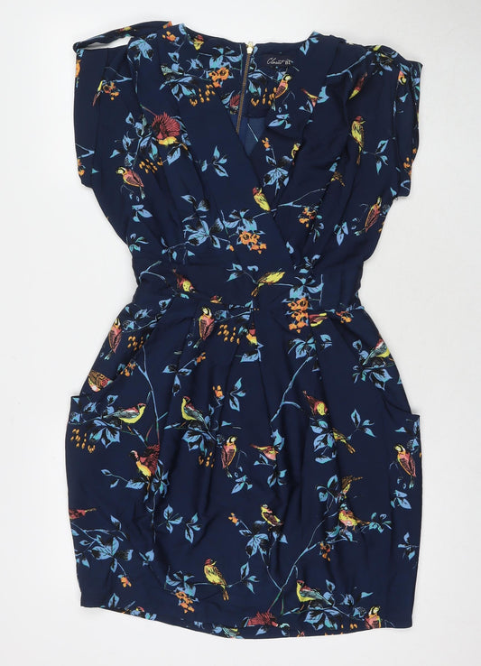 Closet Womens Blue Floral Polyester A-Line Size 12 V-Neck Zip
