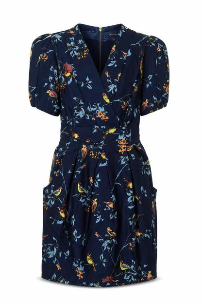 Closet Womens Blue Floral Polyester A-Line Size 12 V-Neck Zip