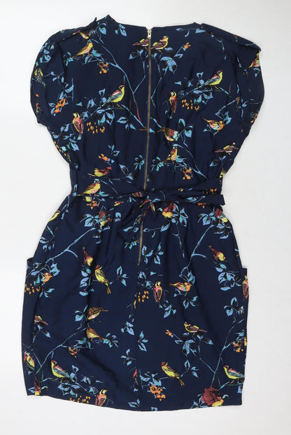 Closet Womens Blue Floral Polyester A-Line Size 12 V-Neck Zip