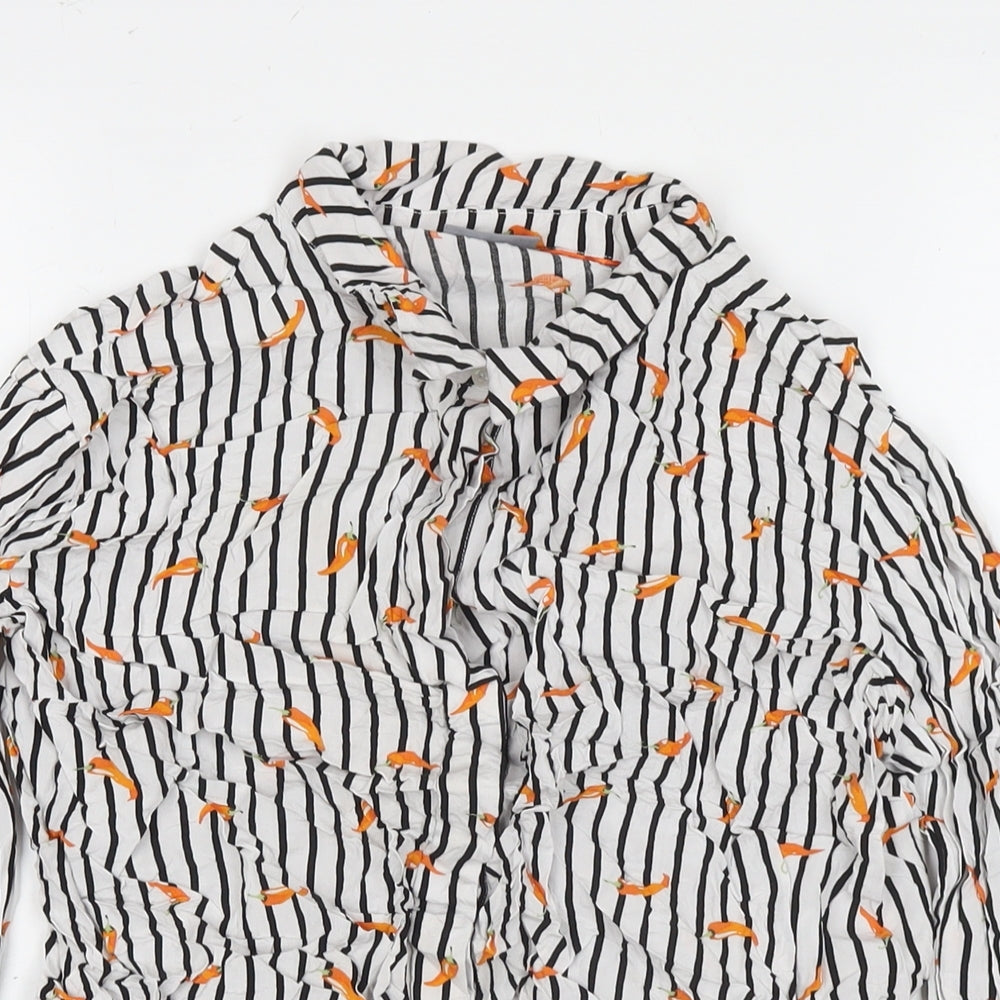 b.young Womens White Striped Viscose Basic Button-Up Size 14 Collared