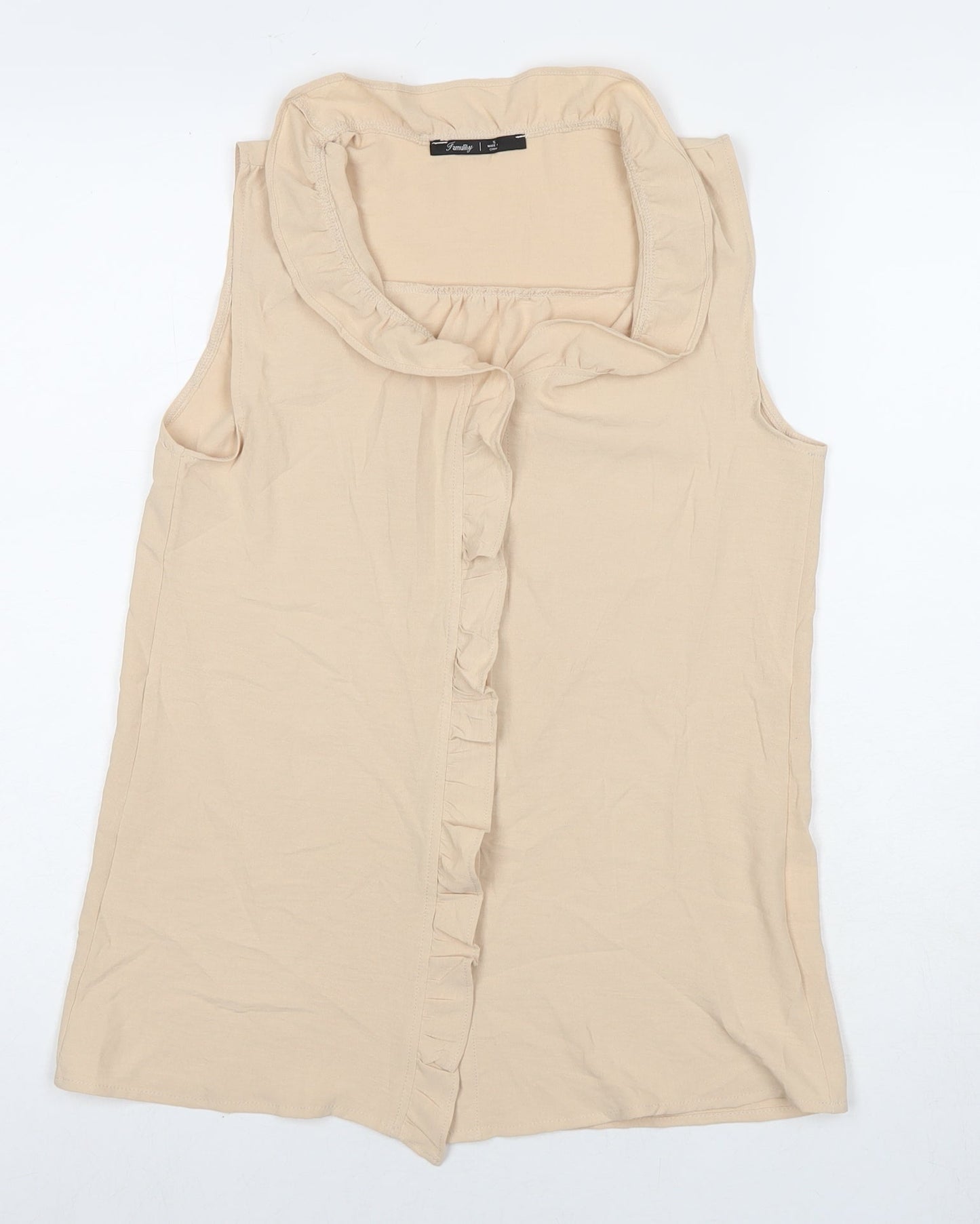 Family Womens Beige Polyester Basic Button-Up Size S Collared