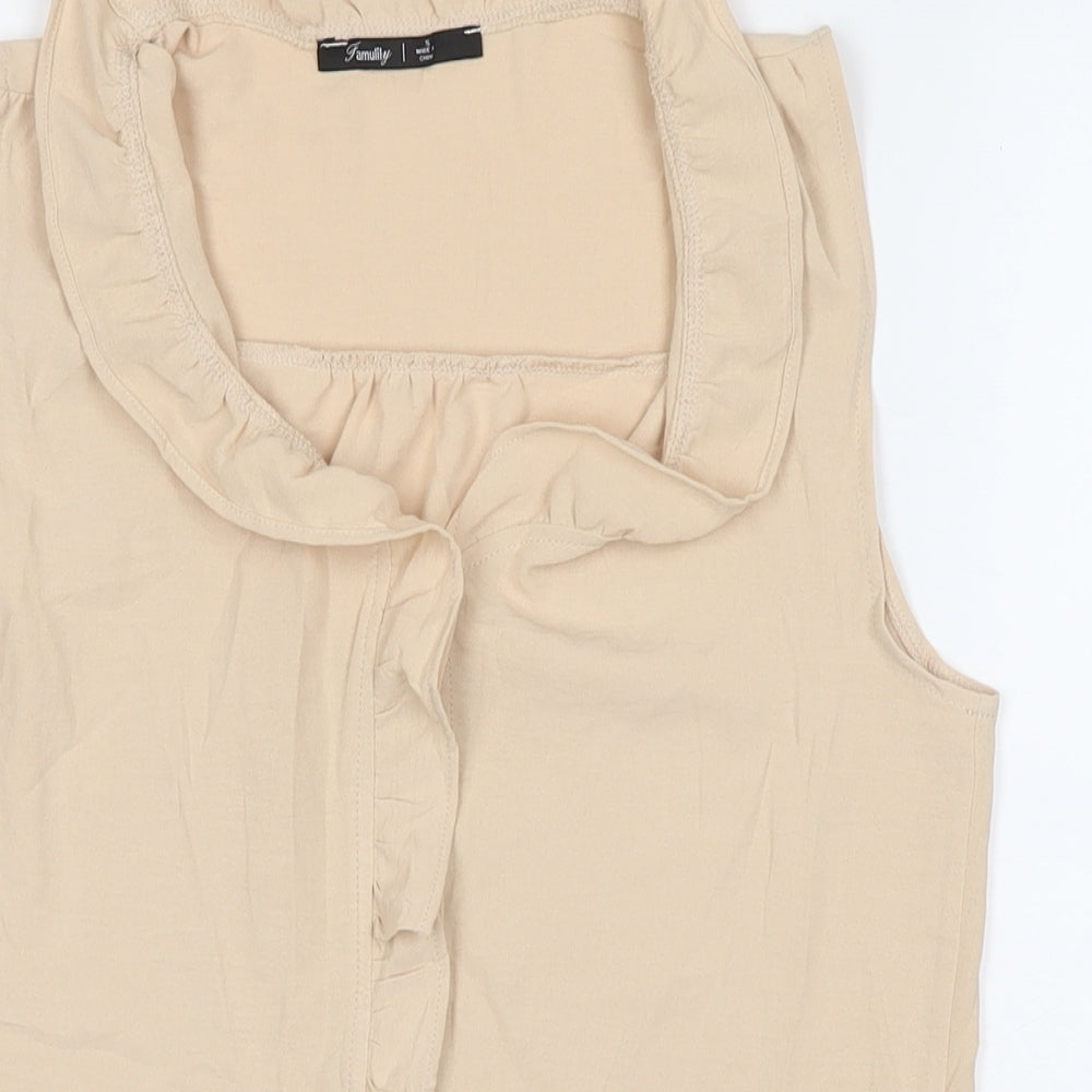 Family Womens Beige Polyester Basic Button-Up Size S Collared