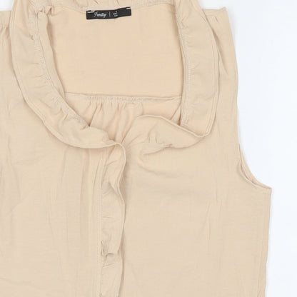 Family Womens Beige Polyester Basic Button-Up Size S Collared