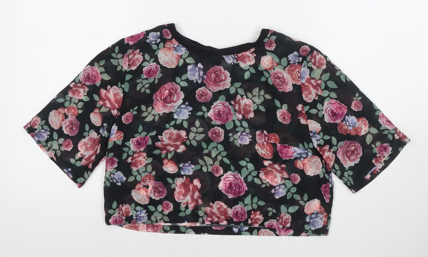 Divided by H&M Womens Black Floral Polyester Basic T-Shirt Size 10 Round Neck