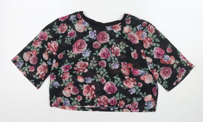 Divided by H&M Womens Black Floral Polyester Basic T-Shirt Size 10 Round Neck