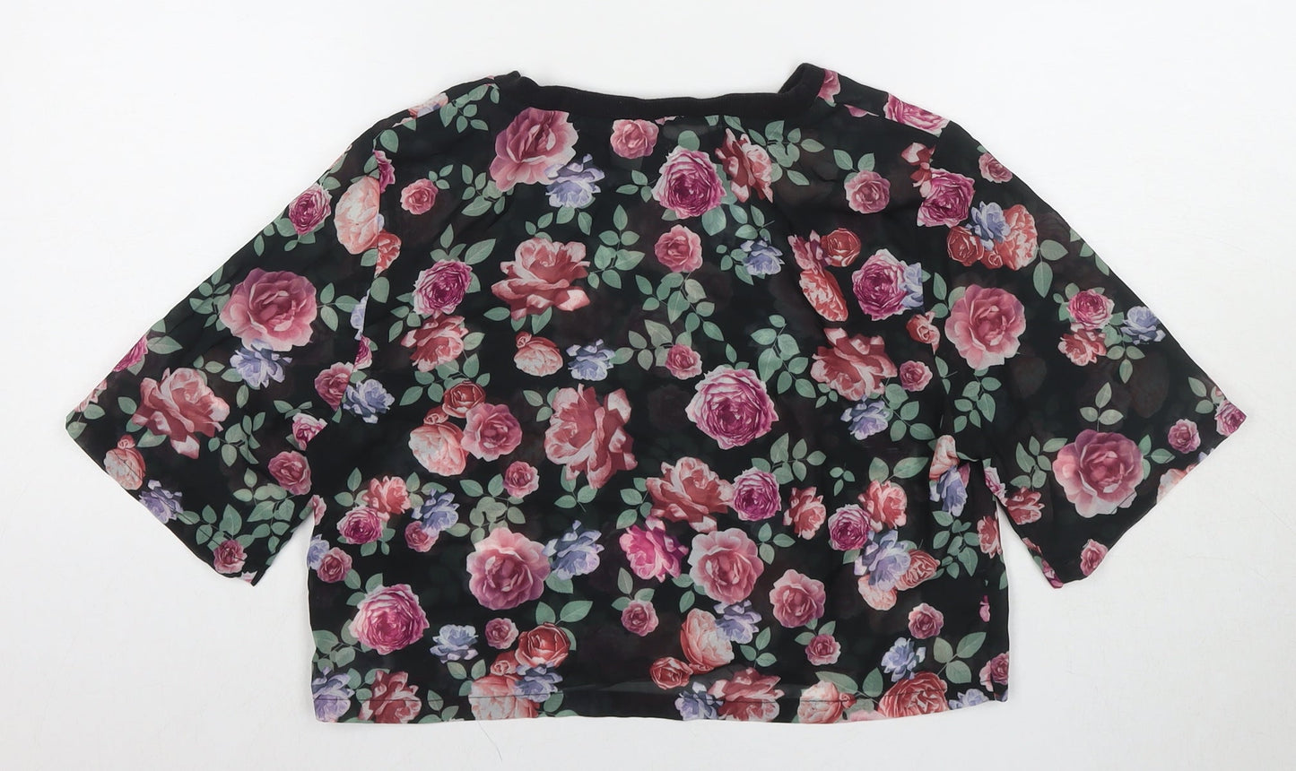 Divided by H&M Womens Black Floral Polyester Basic T-Shirt Size 10 Round Neck