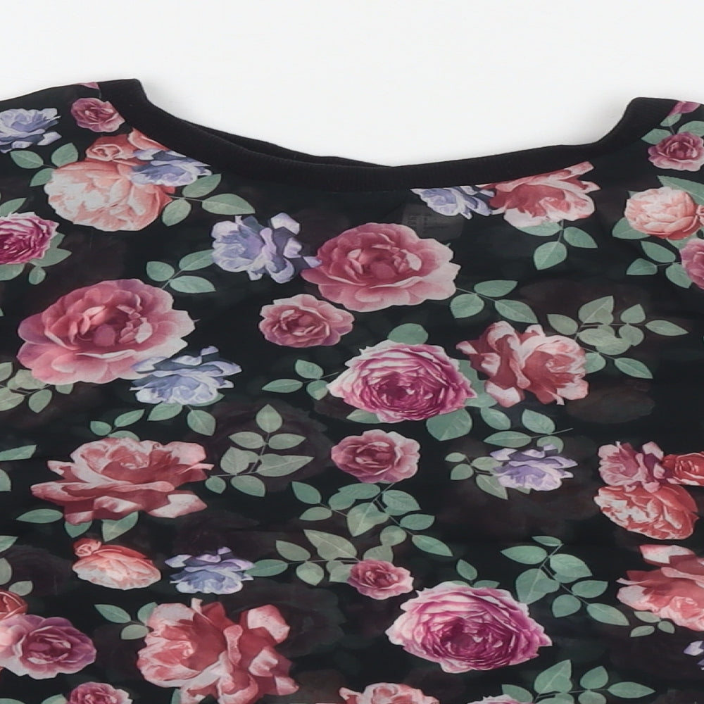 Divided by H&M Womens Black Floral Polyester Basic T-Shirt Size 10 Round Neck
