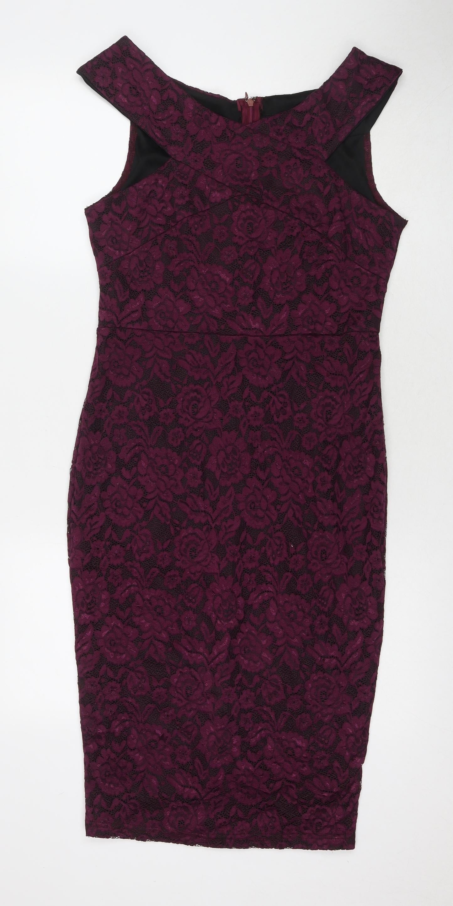 AX Paris Womens Purple Floral Polyester A-Line Size 14 Round Neck Zip