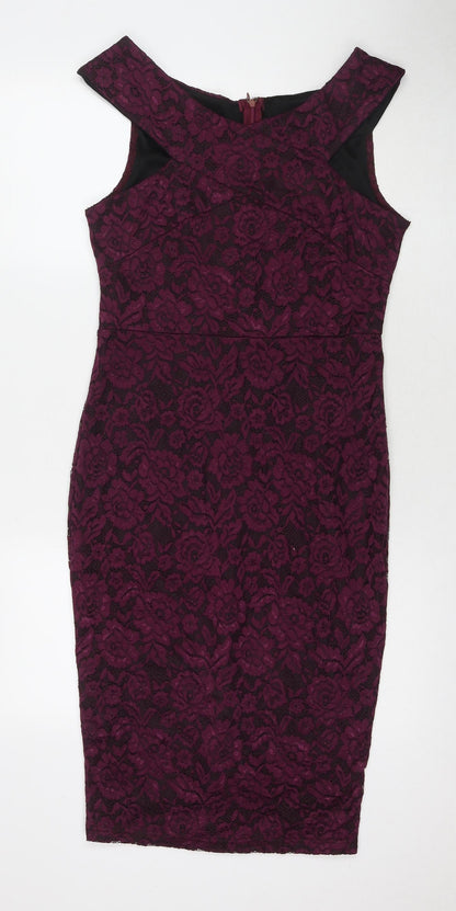 AX Paris Womens Purple Floral Polyester A-Line Size 14 Round Neck Zip