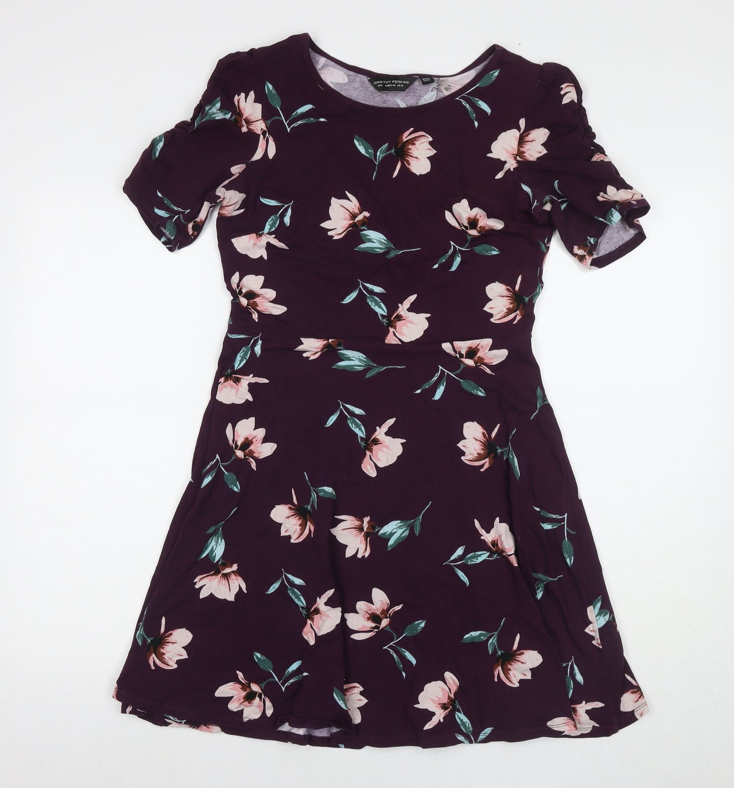 Dorothy Perkins Womens Purple Floral Cotton A-Line Size 12 Round Neck Pullover