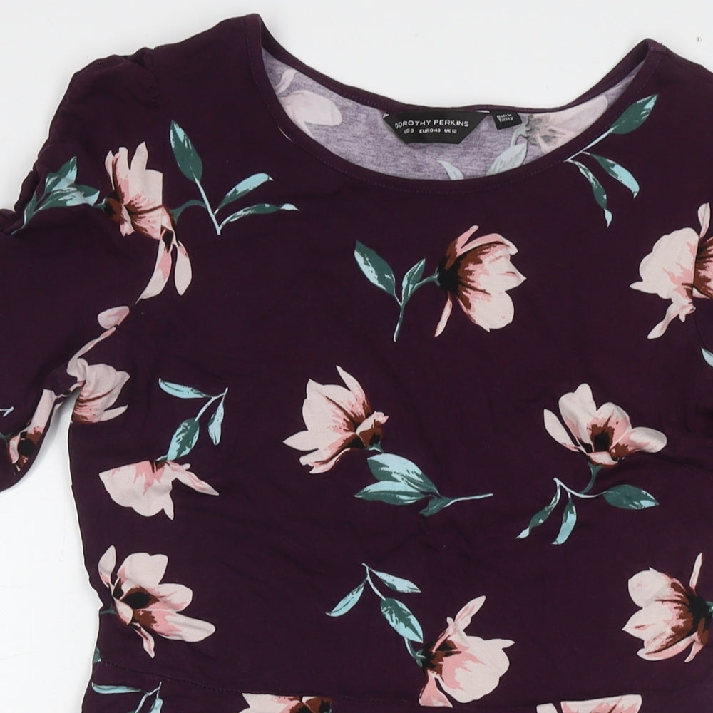 Dorothy Perkins Womens Purple Floral Cotton A-Line Size 12 Round Neck Pullover