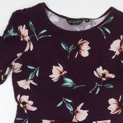 Dorothy Perkins Womens Purple Floral Cotton A-Line Size 12 Round Neck Pullover