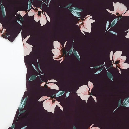 Dorothy Perkins Womens Purple Floral Cotton A-Line Size 12 Round Neck Pullover