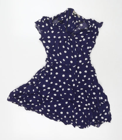 Dorothy Perkins Womens Blue Polka Dot Viscose Fit & Flare Size 10 V-Neck Zip