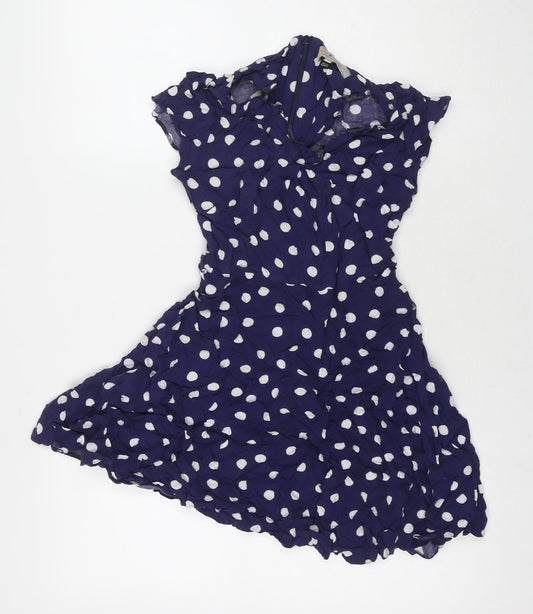Dorothy Perkins Womens Blue Polka Dot Viscose Fit & Flare Size 10 V-Neck Zip