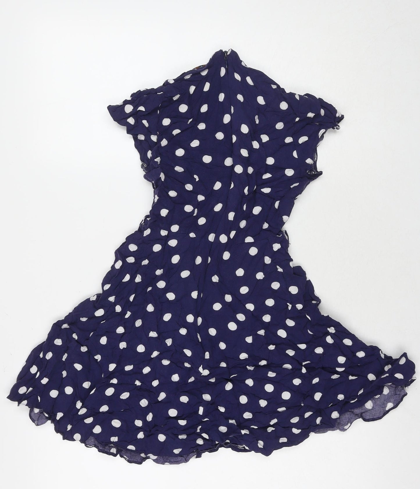 Dorothy Perkins Womens Blue Polka Dot Viscose Fit & Flare Size 10 V-Neck Zip
