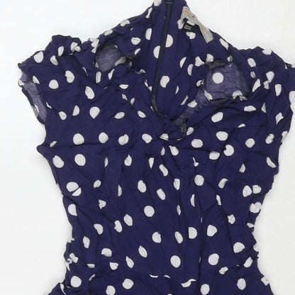 Dorothy Perkins Womens Blue Polka Dot Viscose Fit & Flare Size 10 V-Neck Zip
