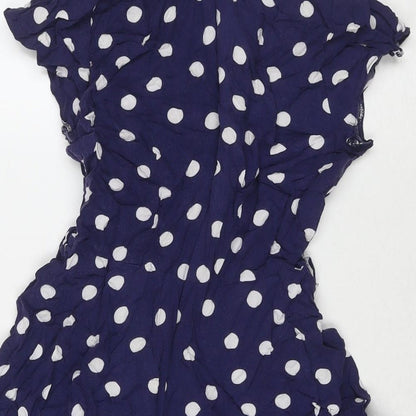 Dorothy Perkins Womens Blue Polka Dot Viscose Fit & Flare Size 10 V-Neck Zip