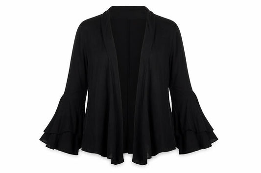 Front view of monari women’s black viscose kimono blouse, size UK 12, v-neck