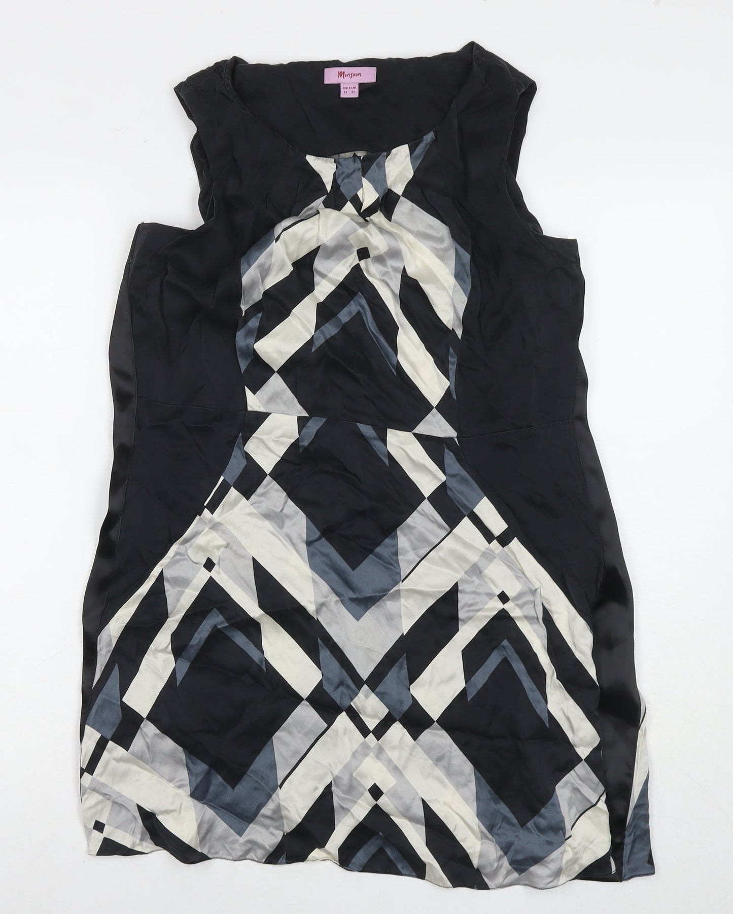 Monsoon Womens Black Geometric Polyester A-Line Size 14 Round Neck Zip