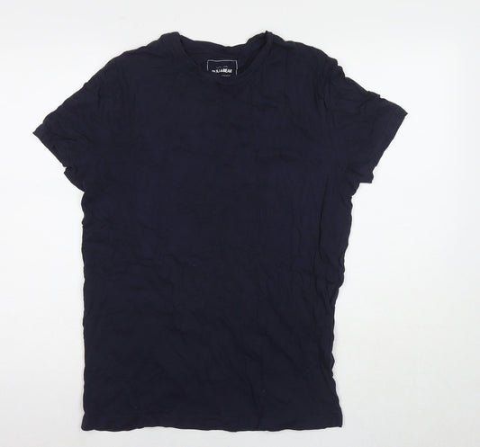 Pull&Bear Mens Blue Cotton T-Shirt Size L Round Neck