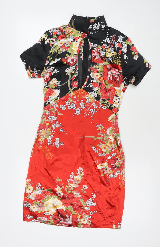 PRETTYLITTLETHING Womens Multicoloured Floral Polyester A-Line Size 6 Round Neck Zip