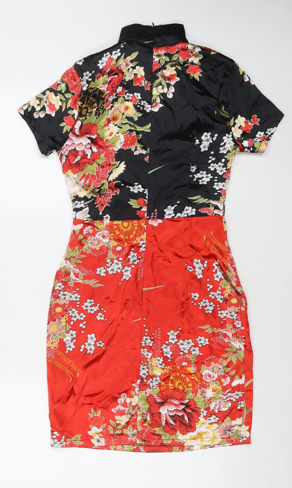 PRETTYLITTLETHING Womens Multicoloured Floral Polyester A-Line Size 6 Round Neck Zip