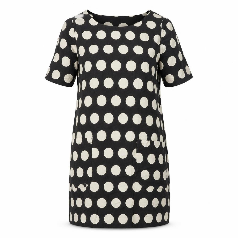 Front view of Cath Kidson women’s black plaid 100% cotton shift, size UK 10, scoop neck - pockets on front