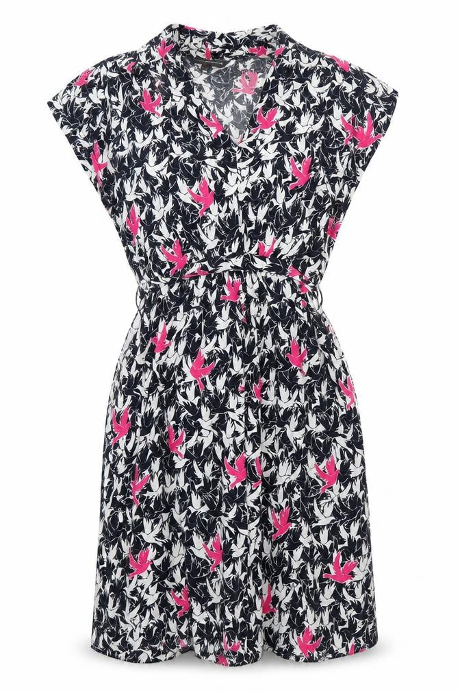 Front view of French Connection women’s ivory geometric viscose fit & flare, size UK 10, sweetheart - birds print