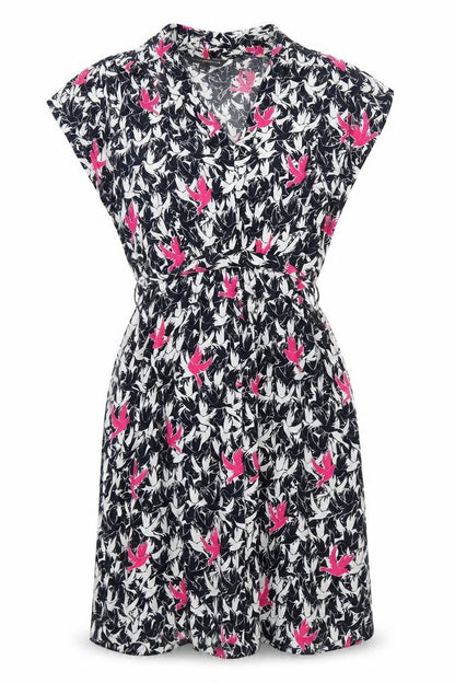 Front view of French Connection women’s ivory geometric viscose fit & flare, size UK 10, sweetheart - birds print