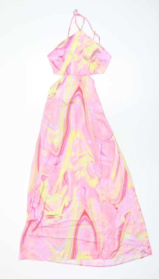 Bershka Womens Pink Geometric Polyester A-Line Size XS Halter Tie