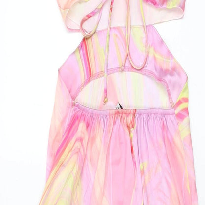 Bershka Womens Pink Geometric Polyester A-Line Size XS Halter Tie