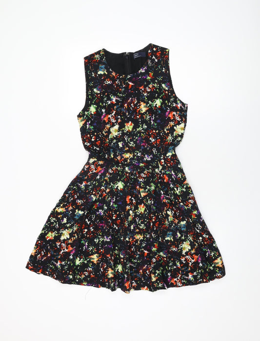 Gap Womens Black Geometric Viscose Skater Dress Size 6 Round Neck Zip