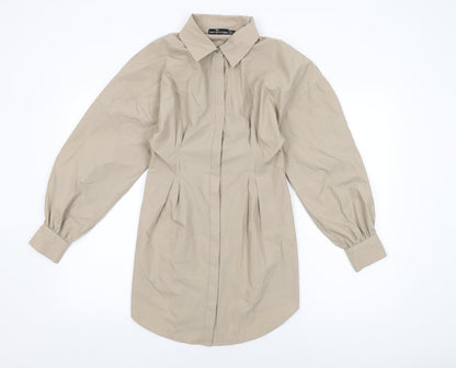 PRETTYLITTLETHING Womens Beige Polyester Shirt Dress Size 6 Collared Button