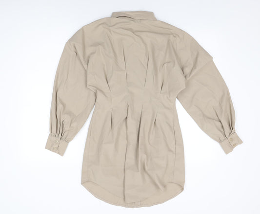 PRETTYLITTLETHING Womens Beige Polyester Shirt Dress Size 6 Collared Button