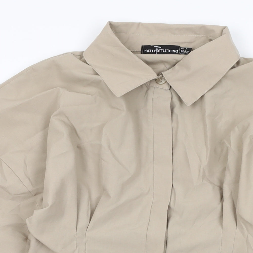 PRETTYLITTLETHING Womens Beige Polyester Shirt Dress Size 6 Collared Button