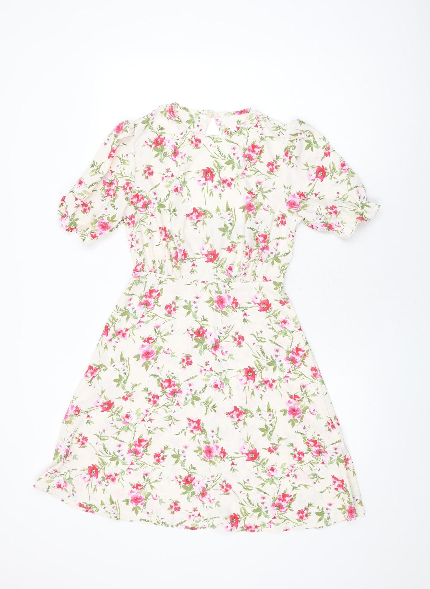 New Look Womens Ivory Floral Polyester A-Line Size 8 Round Neck Zip