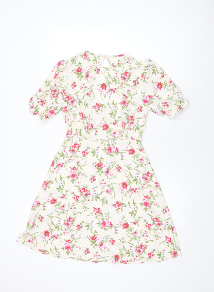 New Look Womens Ivory Floral Polyester A-Line Size 8 Round Neck Zip