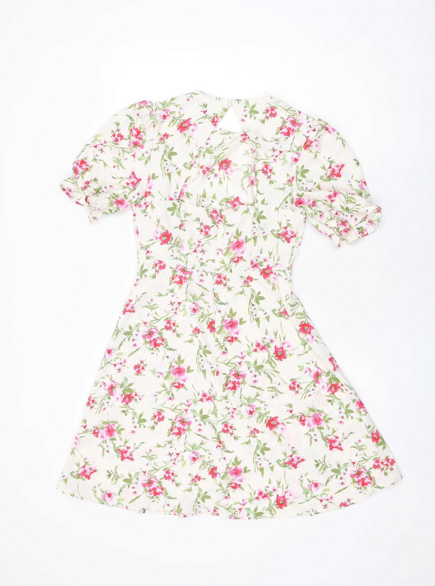 New Look Womens Ivory Floral Polyester A-Line Size 8 Round Neck Zip