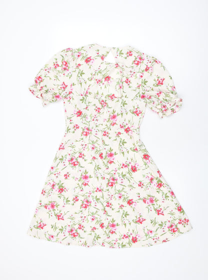 New Look Womens Ivory Floral Polyester A-Line Size 8 Round Neck Zip