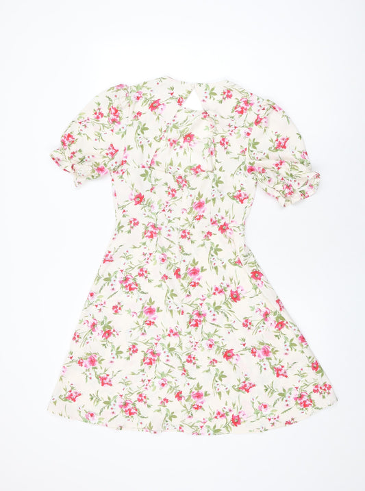 New Look Womens Ivory Floral Polyester A-Line Size 8 Round Neck Zip