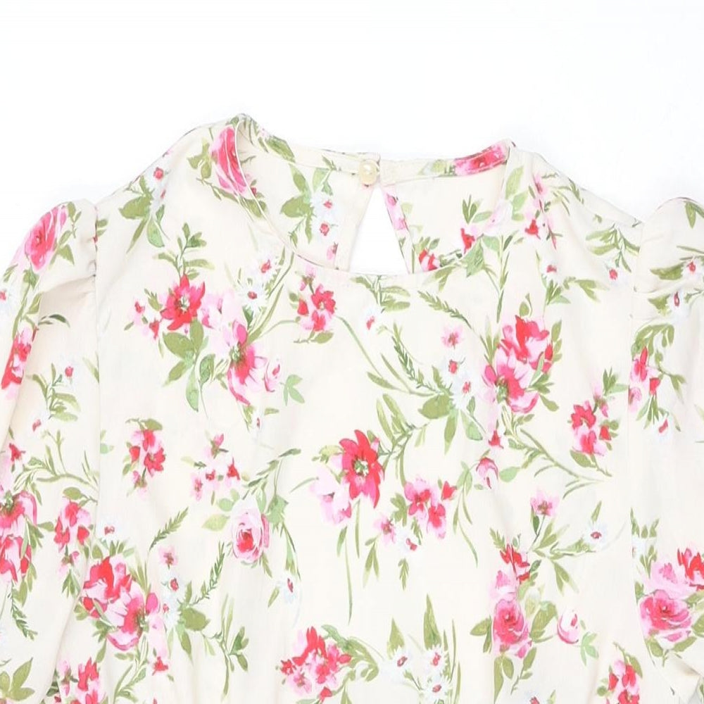 New Look Womens Ivory Floral Polyester A-Line Size 8 Round Neck Zip