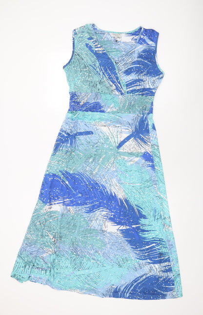 Cerulean Collection Womens Blue Geometric Polyester A-Line Size M V-Neck Snap - Leaf Print