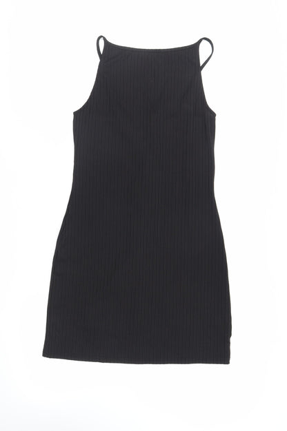 River Island Womens Black Polyester Mini Size 14 Round Neck Lace Up - Ribbed