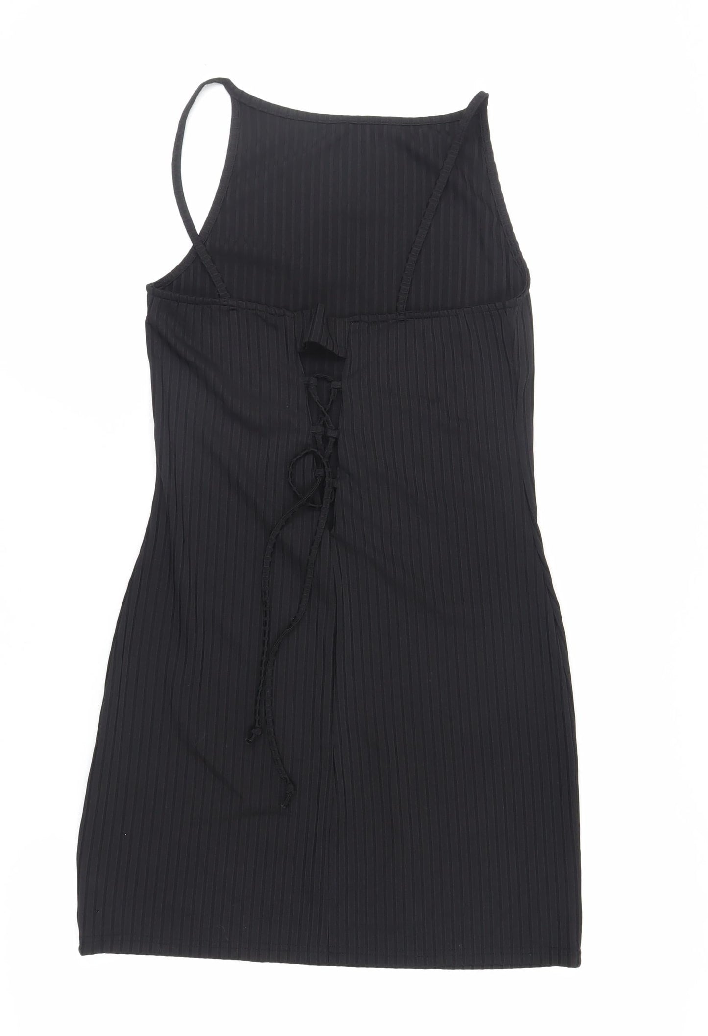River Island Womens Black Polyester Mini Size 14 Round Neck Lace Up - Ribbed