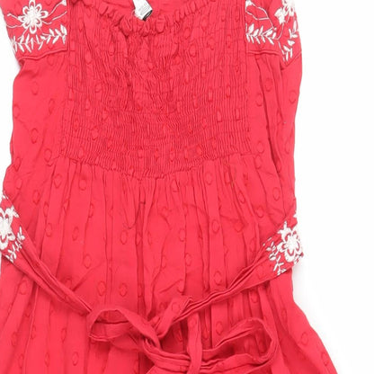 New Look Womens Red Floral Cotton Tank Dress Size 6 Square Neck - Embroidered