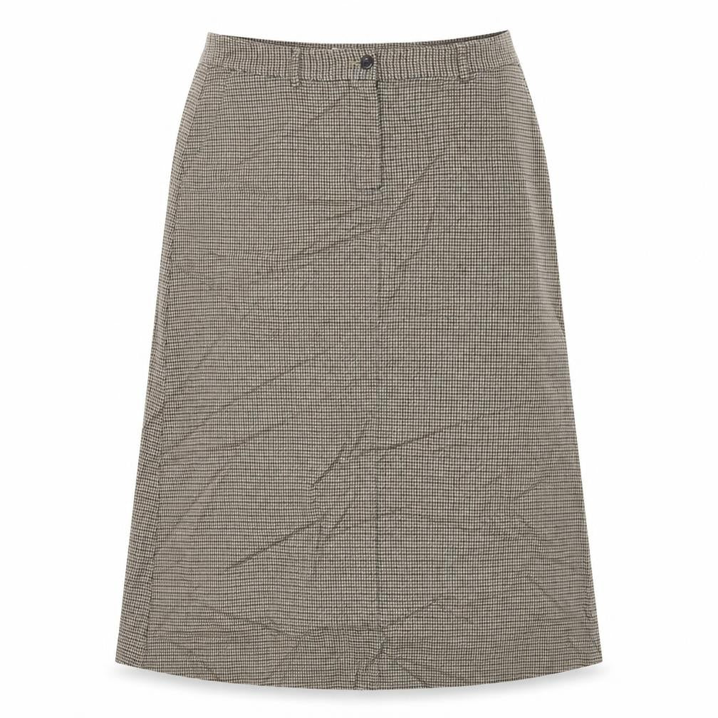 Front view of L.L. Bean women’s beige geometric cotton a-line skirt, size UK 16, button