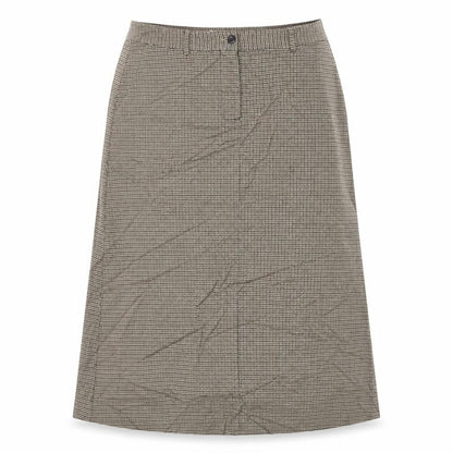 Front view of L.L. Bean women’s beige geometric cotton a-line skirt, size UK 16, button